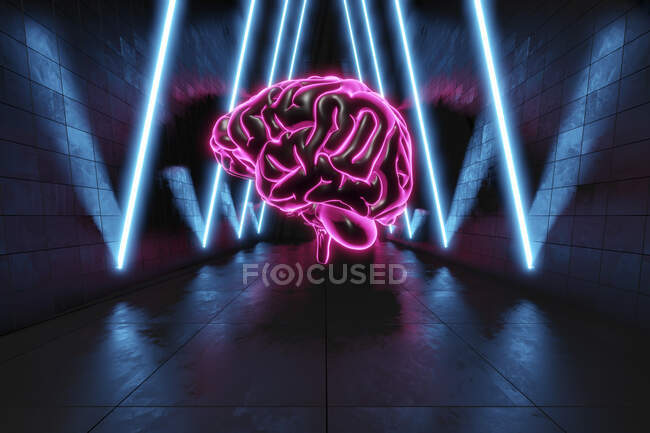 Representación tridimensional del cerebro humano brillando en un oscuro corredor futurista iluminado por luces azules de neón - foto de stock