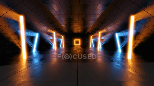 Трехмерный рендеринг темного футуристического коридора, освещенного синими и оранжевыми неоновыми огнями — стоковое фото