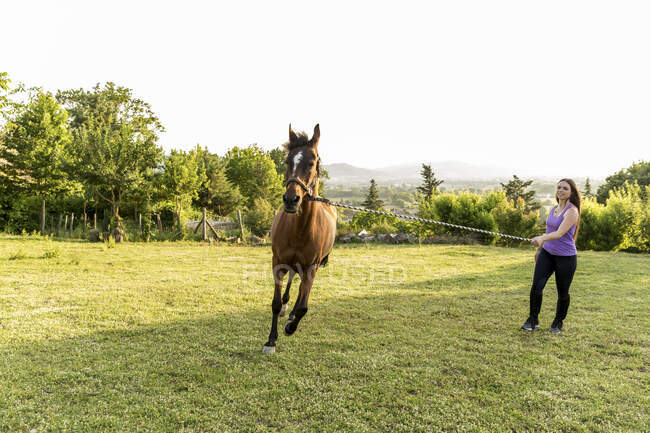 Frau kontrolliert Pferd auf Ranch — Stockfoto