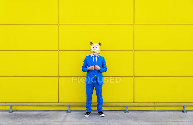 Hombre vistiendo traje azul vibrante y máscara de roedor de pie delante de la pared amarilla - foto de stock
