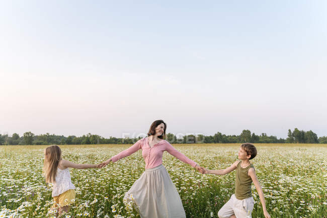 Мать, держась за руки детей во время прогулки среди цветов в поле — стоковое фото