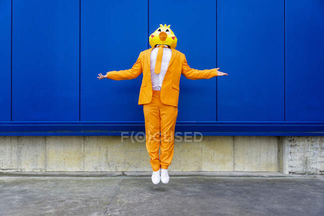 Чоловік у яскравому помаранчевому костюмі та масці для птахів, що вирівнюється перед синьою стіною — стокове фото