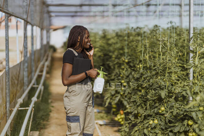 Женщина-фермер с распылителем урожая разговаривает на смартфоне в теплице — стоковое фото