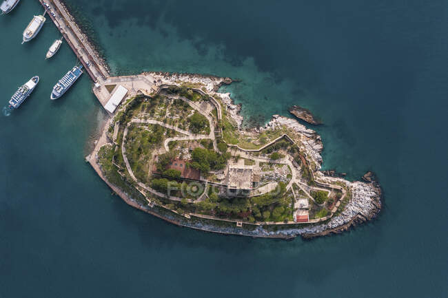 Turkey, Aydin Province, Kusadasi, Aerial view of Guvercinada island in summer — Stock Photo