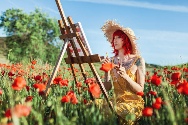 Mulher com tingido de pintura de cabelo vermelho na tela no campo de papoula — Fotografia de Stock