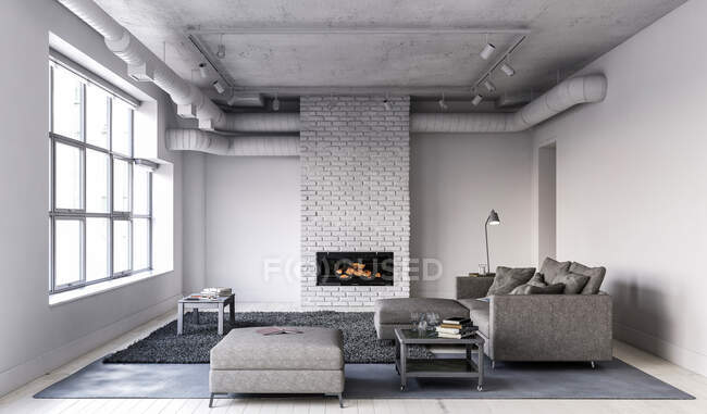 Трехмерный дизайн гостиной с диваном и камином — стоковое фото