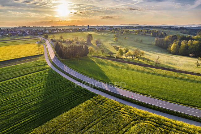 Alemania, Baden Wurttemberg, Vista aérea de los campos agrícolas en el bosque de Suabia al amanecer - foto de stock
