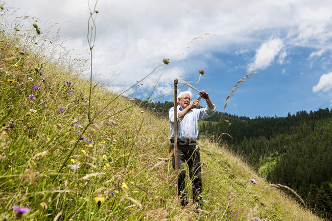 Landwirt mit Sense auf steilem Hügel im Land Salzburg, Österreich — Stockfoto