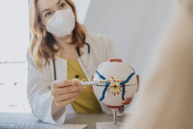Medico indossando maschera protettiva che punta al modello di occhio artificiale con paziente in clinica — Foto stock