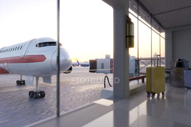 Rendering tridimensionale di un aereo commerciale in attesa all'aeroporto al tramonto — Foto stock