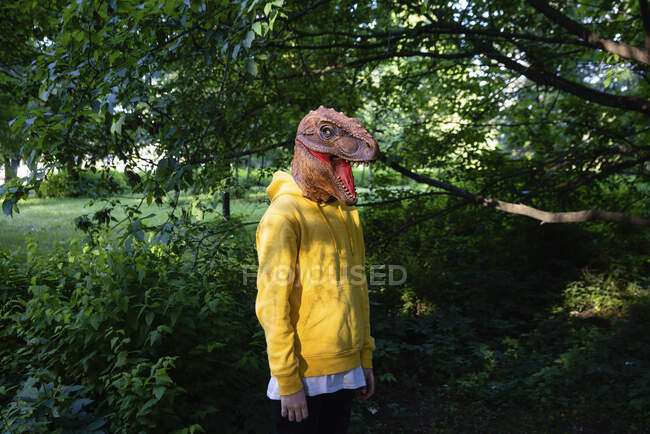 Menino pré-adolescente usando máscara de dinossauro — Fotografia de Stock