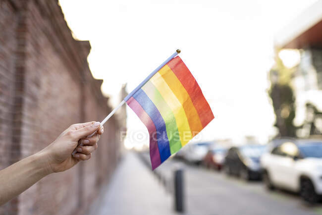 Hand holding LGBTQI rainbow flag — Stock Photo