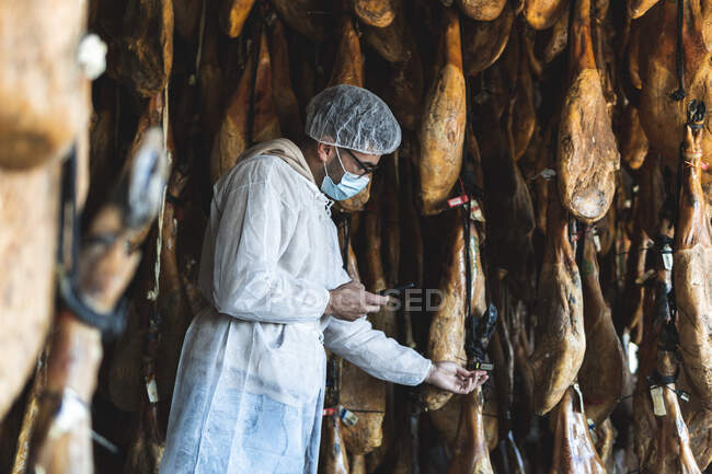 Empleado eligiendo jamón colgado en matadero - foto de stock