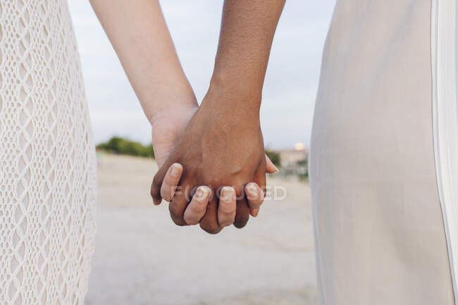 Jeune couple lesbienne multi racial tenant la main — Photo de stock