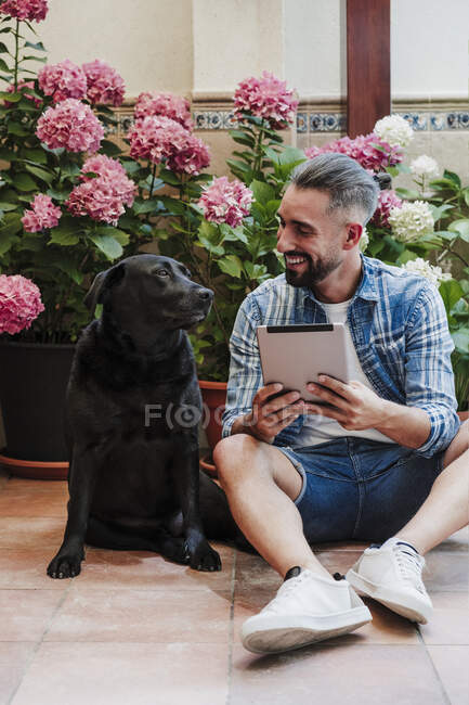 Smiling businessman with digital tablet looking at dog while sitting on floor at backyard — Stock Photo