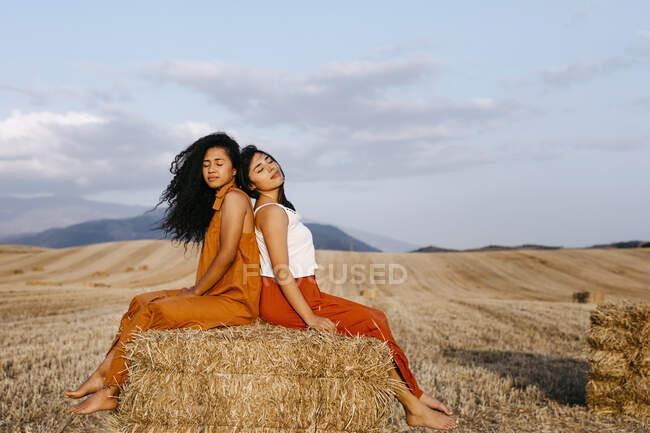 Friends sitting with back to back on hay — Stock Photo