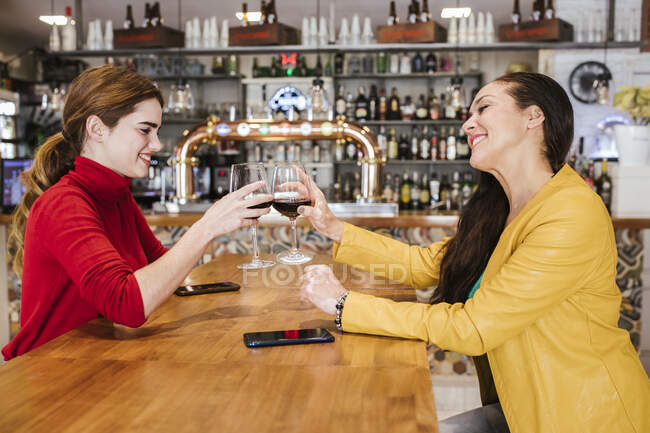 Sorridenti amiche tostando bicchieri mentre bevono vino nel bar — Foto stock