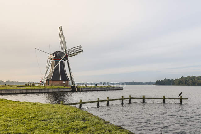 Niederlande, Groningen, Groyne vor einer Windmühle in der Abenddämmerung — Stockfoto