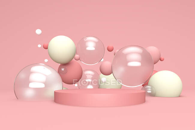 Тривимірний рендеринг бульбашок, що літають над порожнім подіумом. — стокове фото