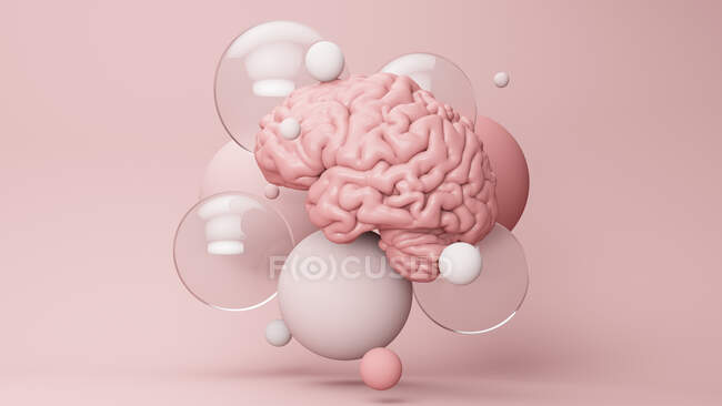 Rendement tridimensionnel du cerveau humain flottant parmi diverses bulles — Photo de stock
