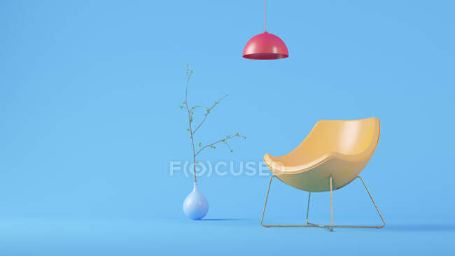Three dimensional render of red light fixture, yellow empty armchair and plant potted in blue vase — Stock Photo