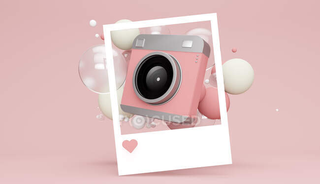 Rendering tridimensionale di immagine della fotocamera galleggiante con varie bolle sullo sfondo rosa — Foto stock