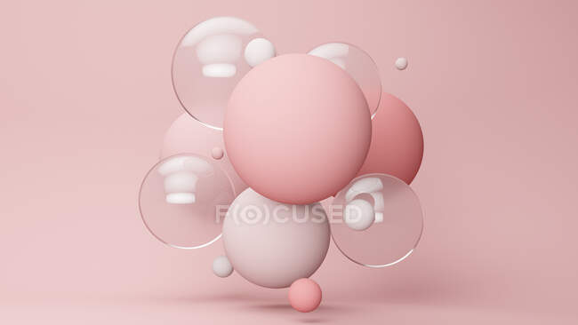 Three dimensional render of pastel colored bubbles floating against pink background — Stock Photo