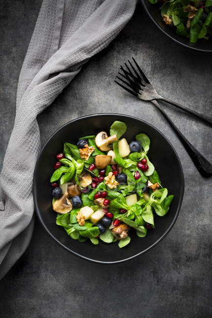 Herbstsalat bestehend aus Feldsalat, Pilzen, gebratenen Birnen, Blaubeeren, Granatapfelkernen und Walnüssen — Stockfoto