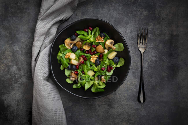 Autumn salad consisting of lamb's lettuce, mushrooms, fried pears, blueberries, pomegranate seeds and walnuts — Stock Photo