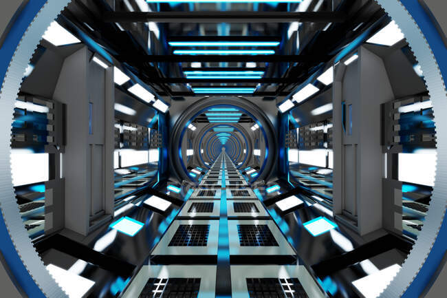 Renderização tridimensional de corredor futurista dentro da nave espacial ou estação espacial — Fotografia de Stock
