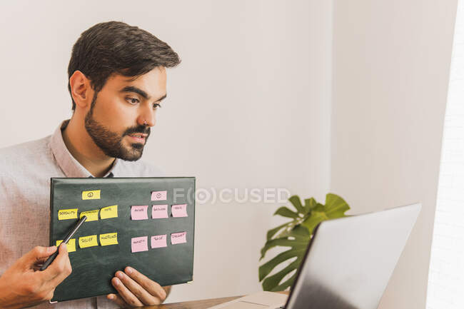 Young male psychologist explaining emotions chart during video call through laptop at office — Stock Photo