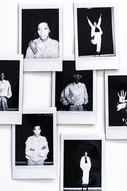 Polaroid fotografie di giovane donna su sfondo bianco — Foto stock