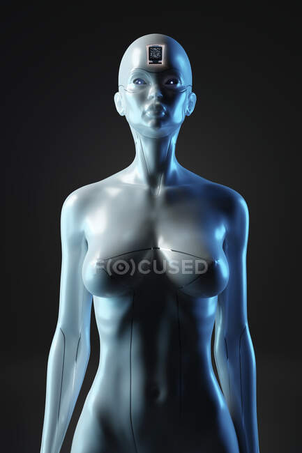 Three dimensional render of gynoid with computer chip inside its head — Stock Photo