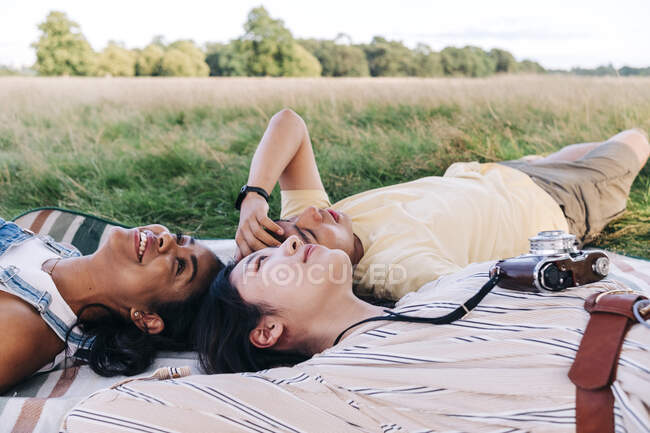Amici sorridenti che riposano insieme durante il picnic al parco — Foto stock