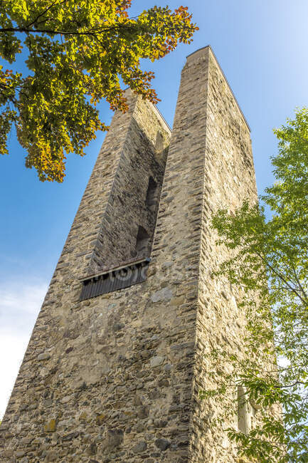 Germany, Baden-Wurttemberg, Ravensburg, Low angle view of medieval Schellenberg Tower — Stock Photo