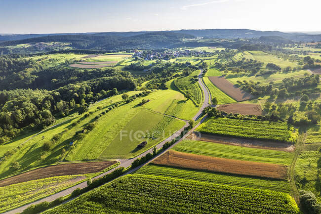 Alemania, Baden-Wurttemberg, Drone vista de la carretera y el paisaje verde del campo en verano - foto de stock