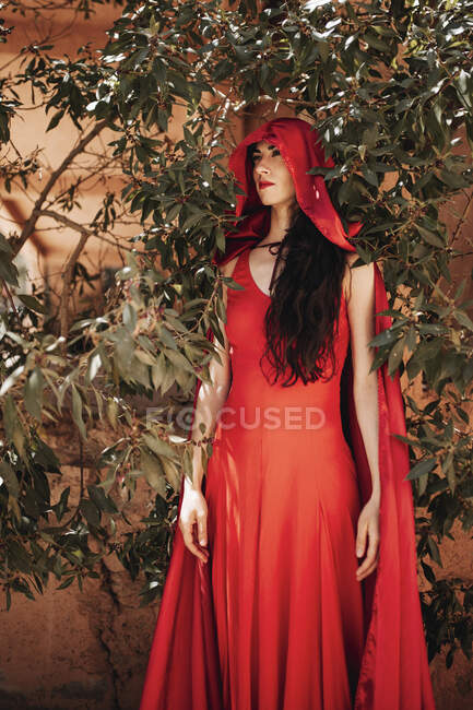 Donna in piccolo costume cappuccio rosso in mezzo alle piante — Foto stock