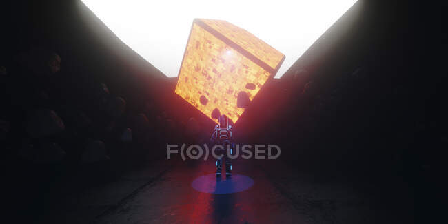 Three dimensional render of astronaut discovering large levitating cube — Stock Photo