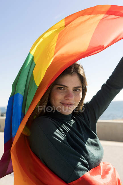 Smiling Lesbian Woman With Rainbow Flag — Headshot Human Right Stock