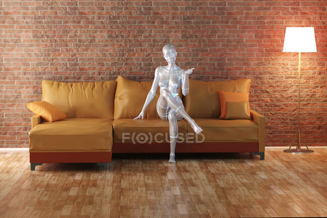 Трехмерный рендеринг гиноида на диване в гостиной — стоковое фото