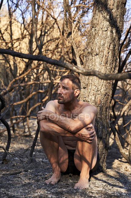 Lonely man sitting in burned forest — Stock Photo