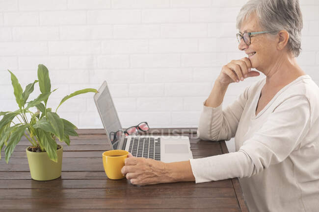 Lächelnde Seniorin beim Kaffee während der Videokonferenz zu Hause — Stockfoto