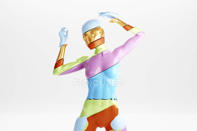 Three dimensional render of fractured gynoid with layered body parts separated by different colors — Stock Photo