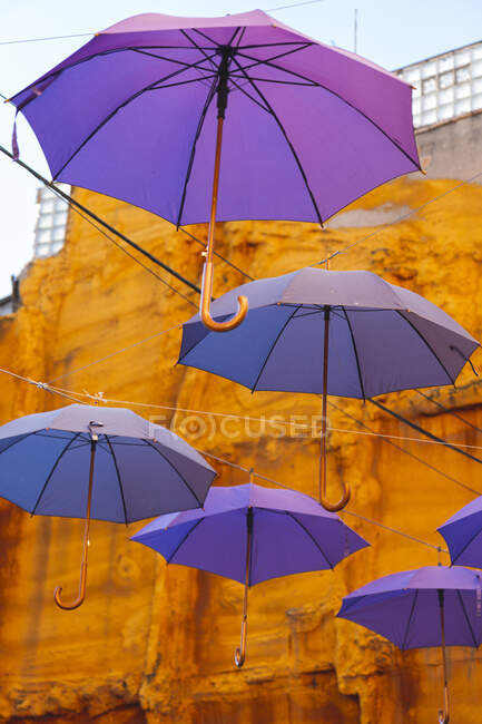 Paraguas púrpura colgando de cerca - foto de stock