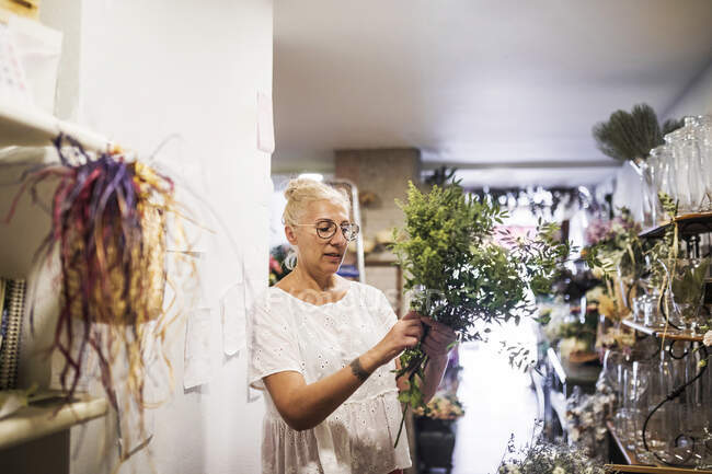Fiorista femminile azienda impianto mentre si lavora in negozio di fiori — Foto stock