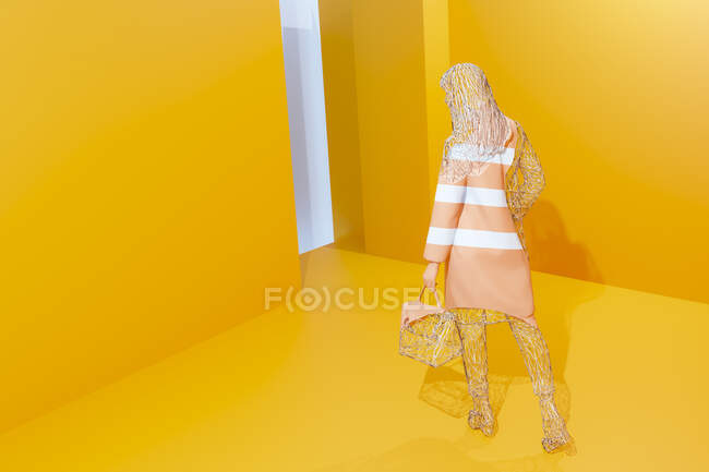 Three dimensional render of wire mesh mannequin wearing striped dress  — Stock Photo