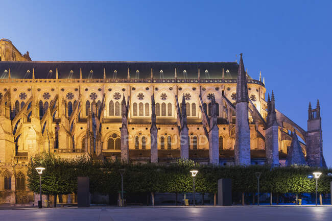 Francia, Cher, Bourges, Parete laterale della Cattedrale di Bourges al tramonto — Foto stock