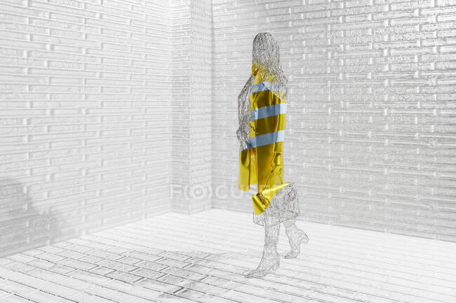 Rendimiento tridimensional de maniquí de malla de alambre con vestido a rayas - foto de stock