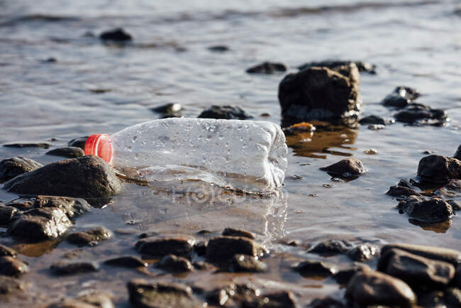 Пластиковая бутылка, плавающая на воде — стоковое фото
