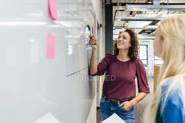 Smiling businesswoman working with colleague at whiteboard — Stock Photo
